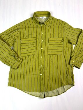 IPEKYOL Green Striped Button Down Shirt Size 8 Oversized Patch Pocket Blouse